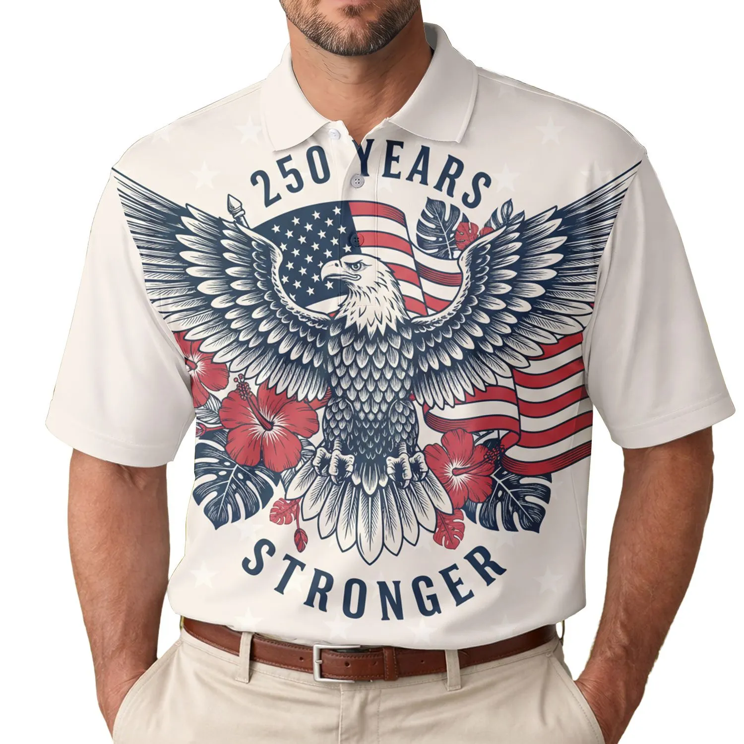 Patriotic America 250th Eagle Flag: Vintage Tropical Engraving '250 YEARS STRONGER' Men's Polo Shirt (Lightweight) - 1