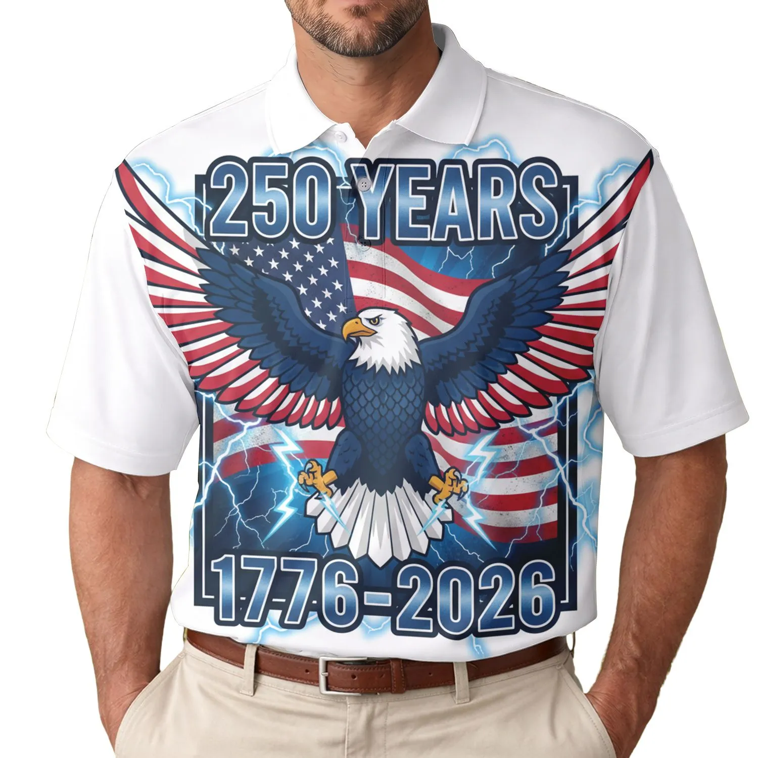 USA 250th Birthday Eagle Flag: Patriotic Lightning Bolts 1776-2026 Men's Polo Shirt (Lightweight) - 1