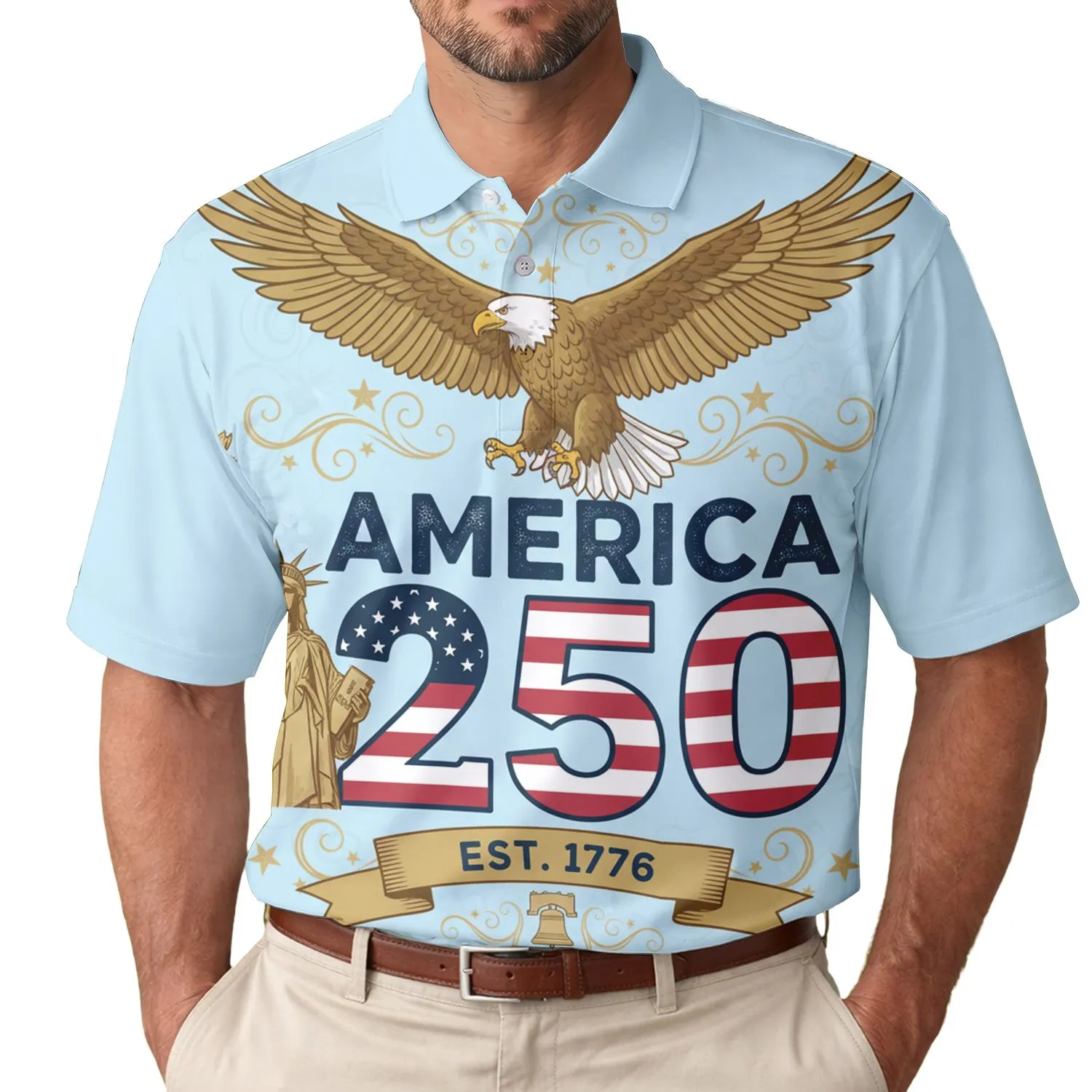 America 250th Birthday Eagle Statue of Liberty 1776 Patriotic Flag Scrollwork Men's Polo Shirt (Lightweight) - 1