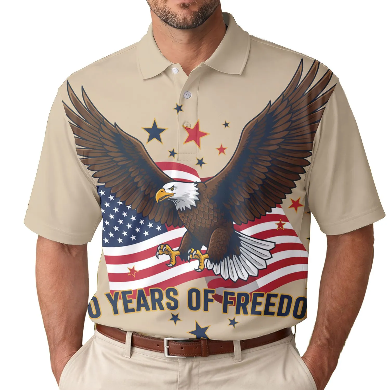 America 250th Anniversary Eagle & Flag: "250 YEARS OF FREEDOM" Tropical Americana Men's Polo Shirt (Lightweight) - 1