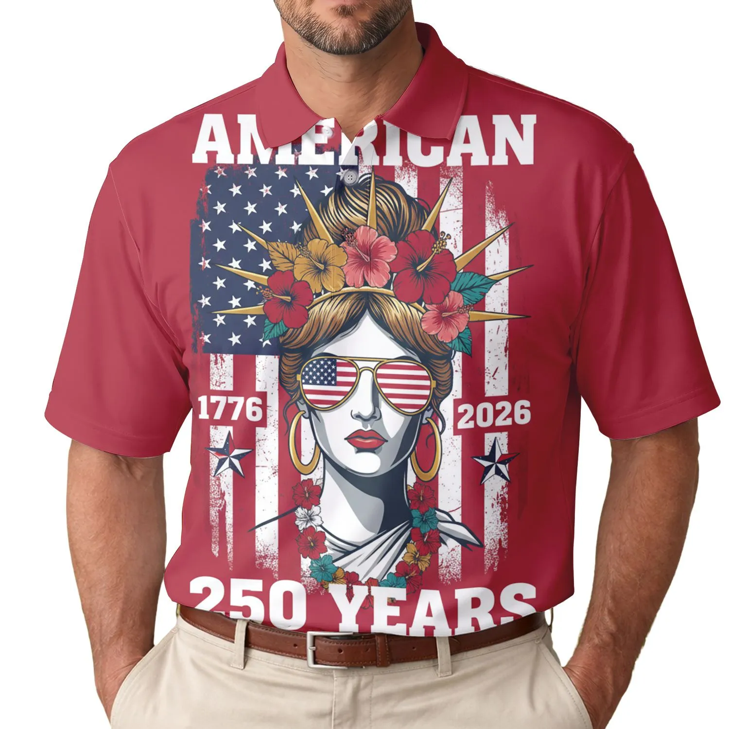 Lady Liberty 250th Anniversary: Messy Bun Sunglasses American Flag '1776-2026' Tropical Men's Polo Shirt (Lightweight) - 1