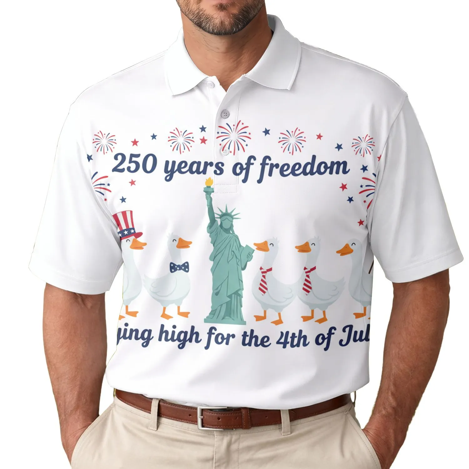 America 250th Birthday Patriotic Geese & Lady Liberty Red White Blue Fireworks Men's Polo Shirt (Lightweight) - 1