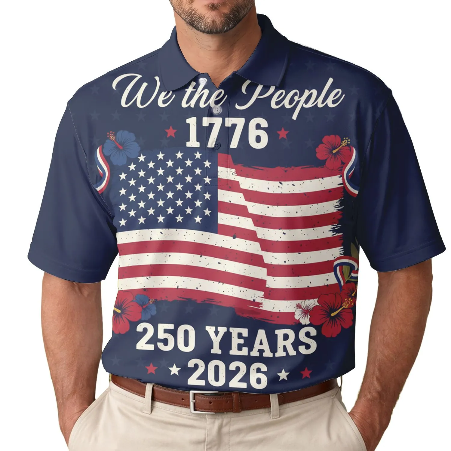 America 250th: We the People 1776 Distressed Flag, Polo Laurel, Hibiscus Design Men's Polo Shirt (Lightweight) - 1