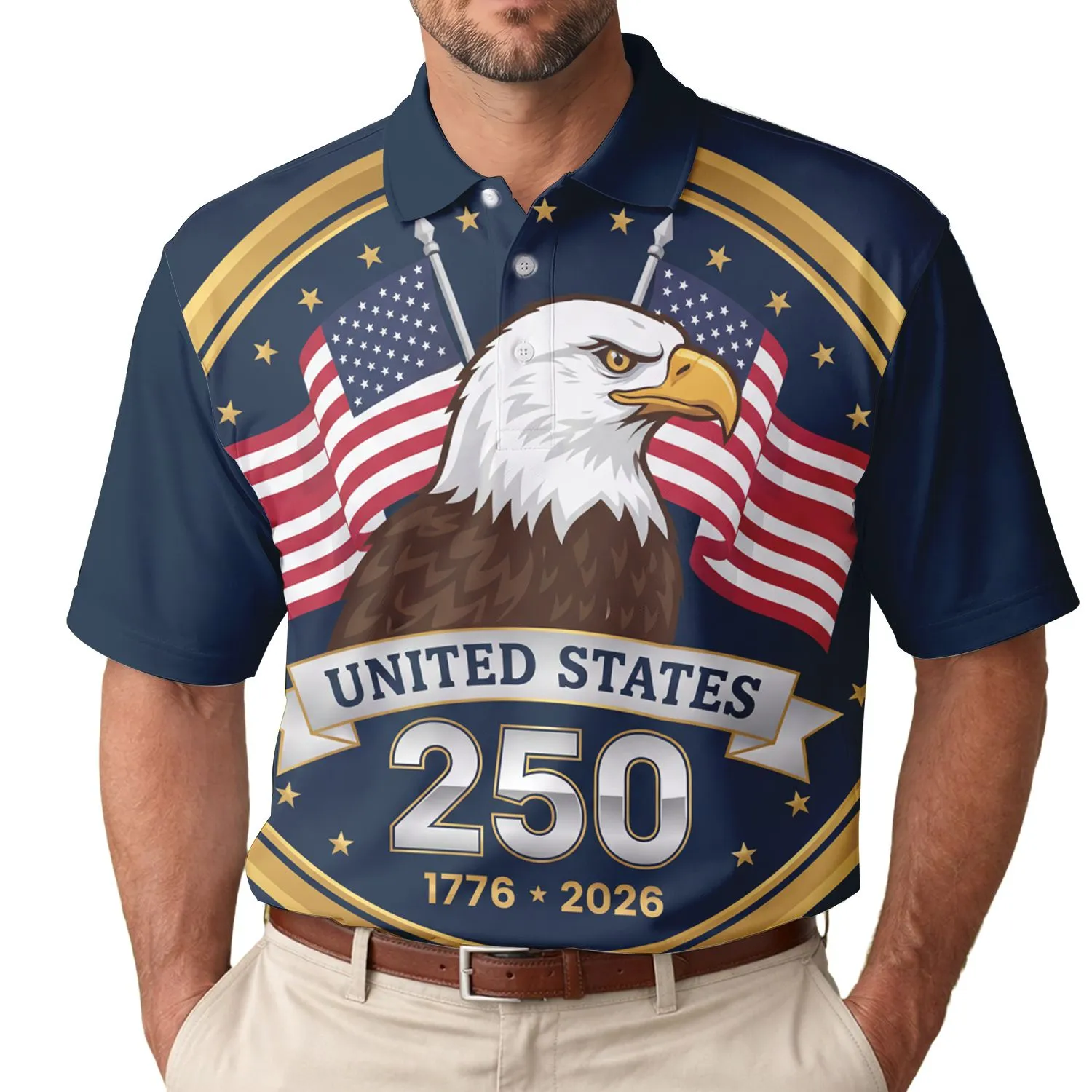 America 250th: Bald Eagle, Crossed Flags, 1776-2026 Navy Star Gold Frame Emblem Men's Polo Shirt (Lightweight) - 1