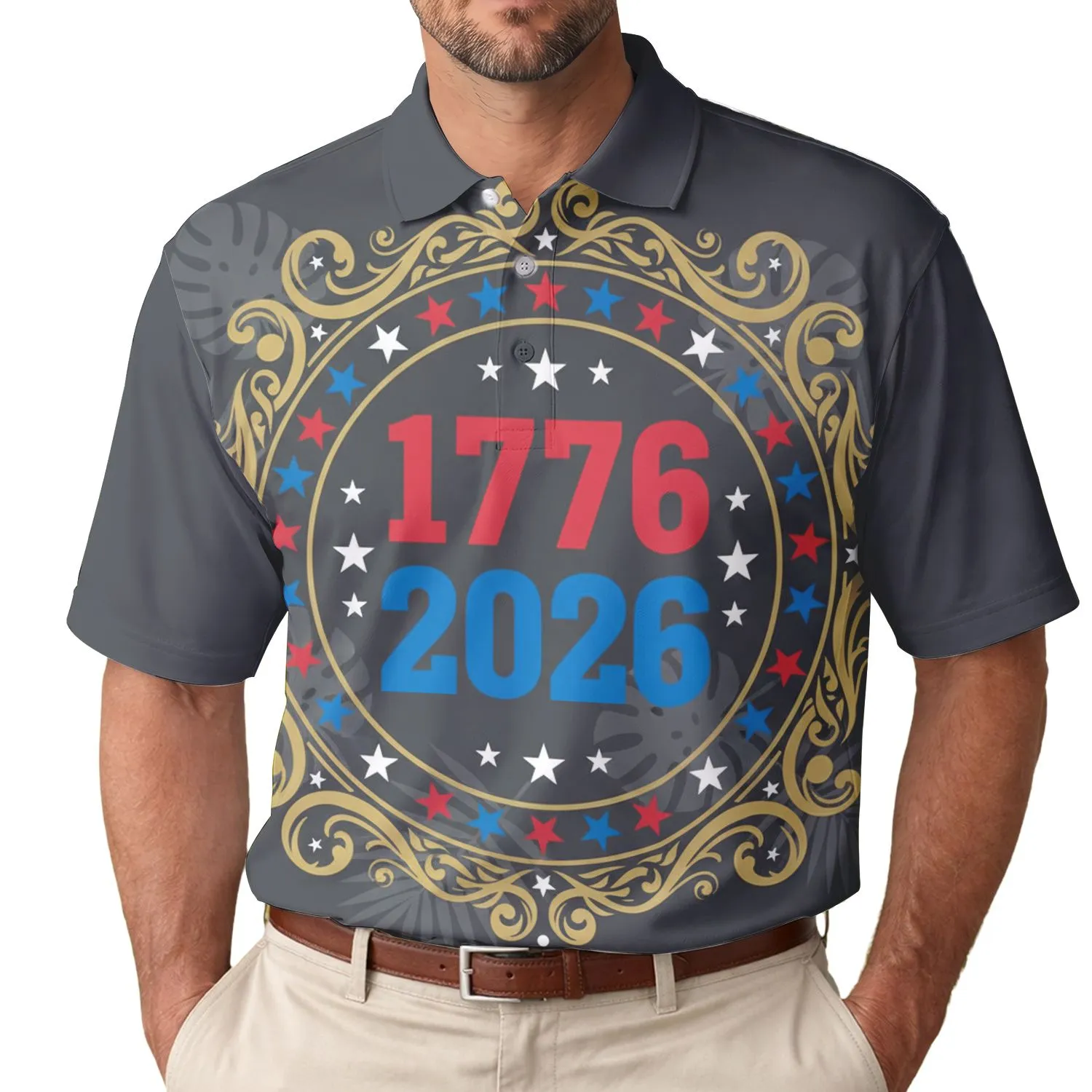 America 250th 1776-2026 Stars Laurel Tropical Scrollwork Motif Deep Charcoal Men's Polo Shirt (Lightweight) - 1