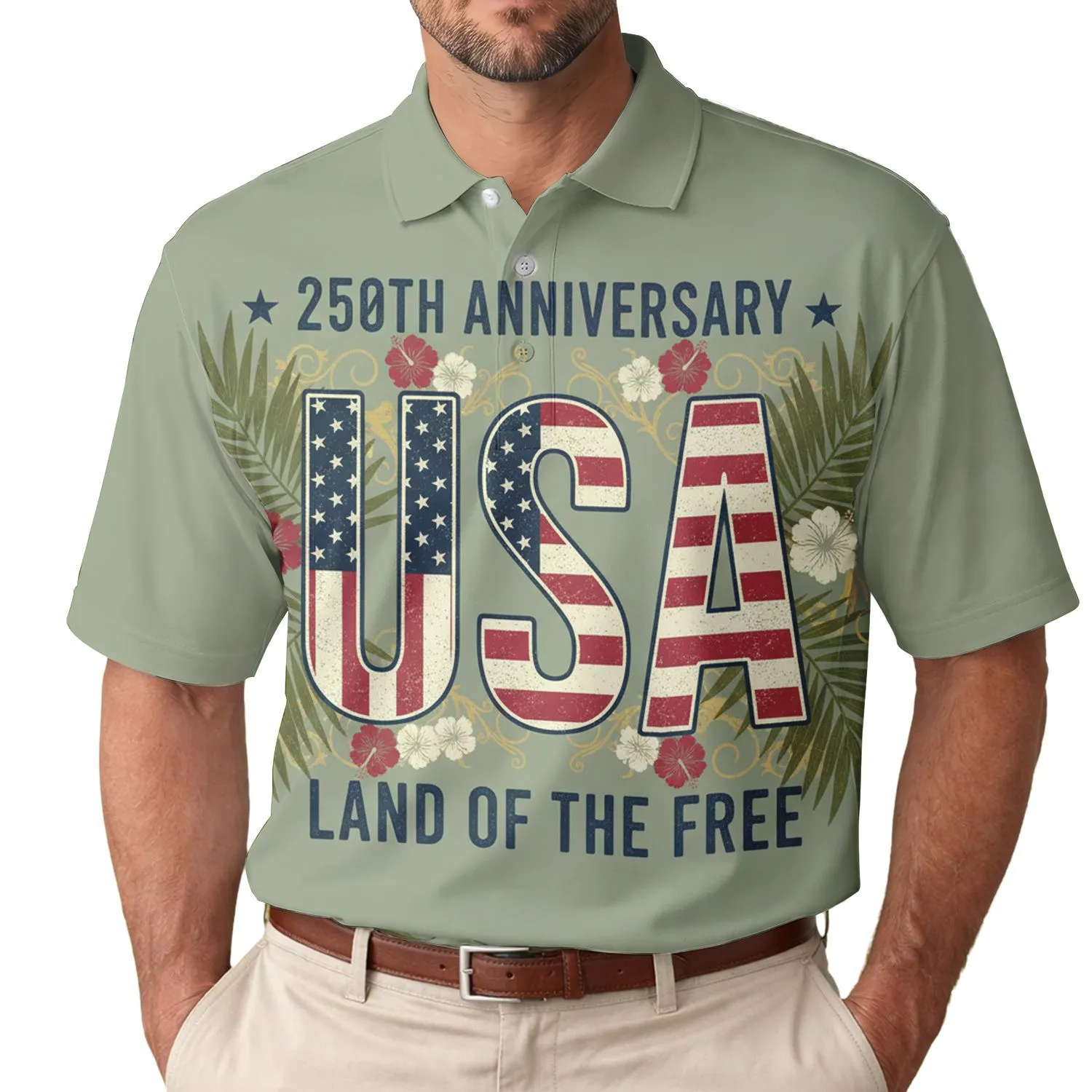 USA 250th Anniversary Distressed Flag USA Land Of Free Palm Hibiscus Sage Green Men's Polo Shirt (Lightweight) - 1