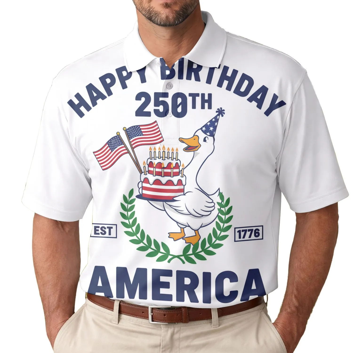 America 250th Birthday Goose Cake Est 1776 Flag Laurel Wreath Men's Polo Shirt (Lightweight) - 1