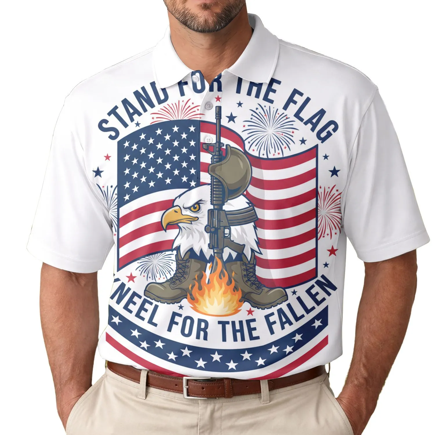 America 250th Anniversary Bald Eagle Flag Battlefield Cross Red White Blue Stand Kneel Men's Polo Shirt (Lightweight) - 1