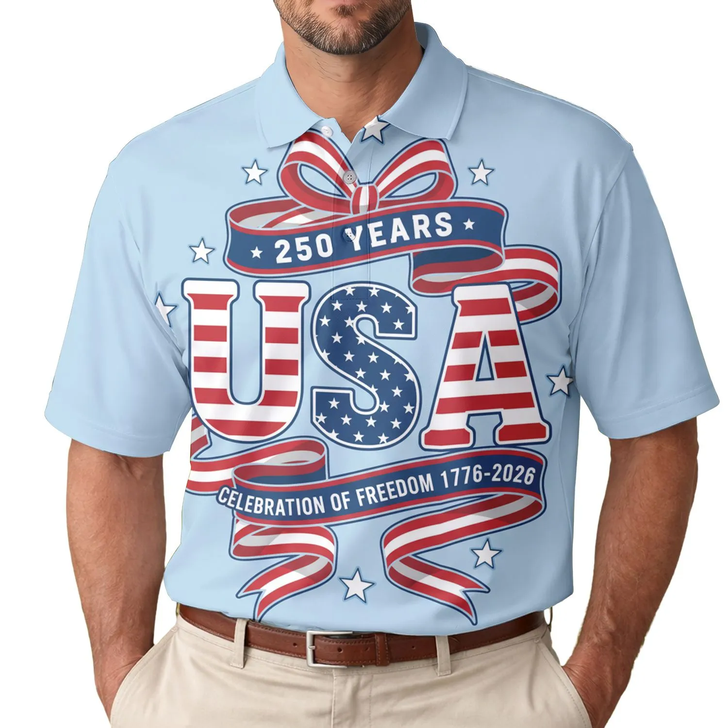 America 250th Anniversary Freedom 1776-2026 USA Flag Stars Stripes Tropical Ribbon Men's Polo Shirt (Lightweight) - 1