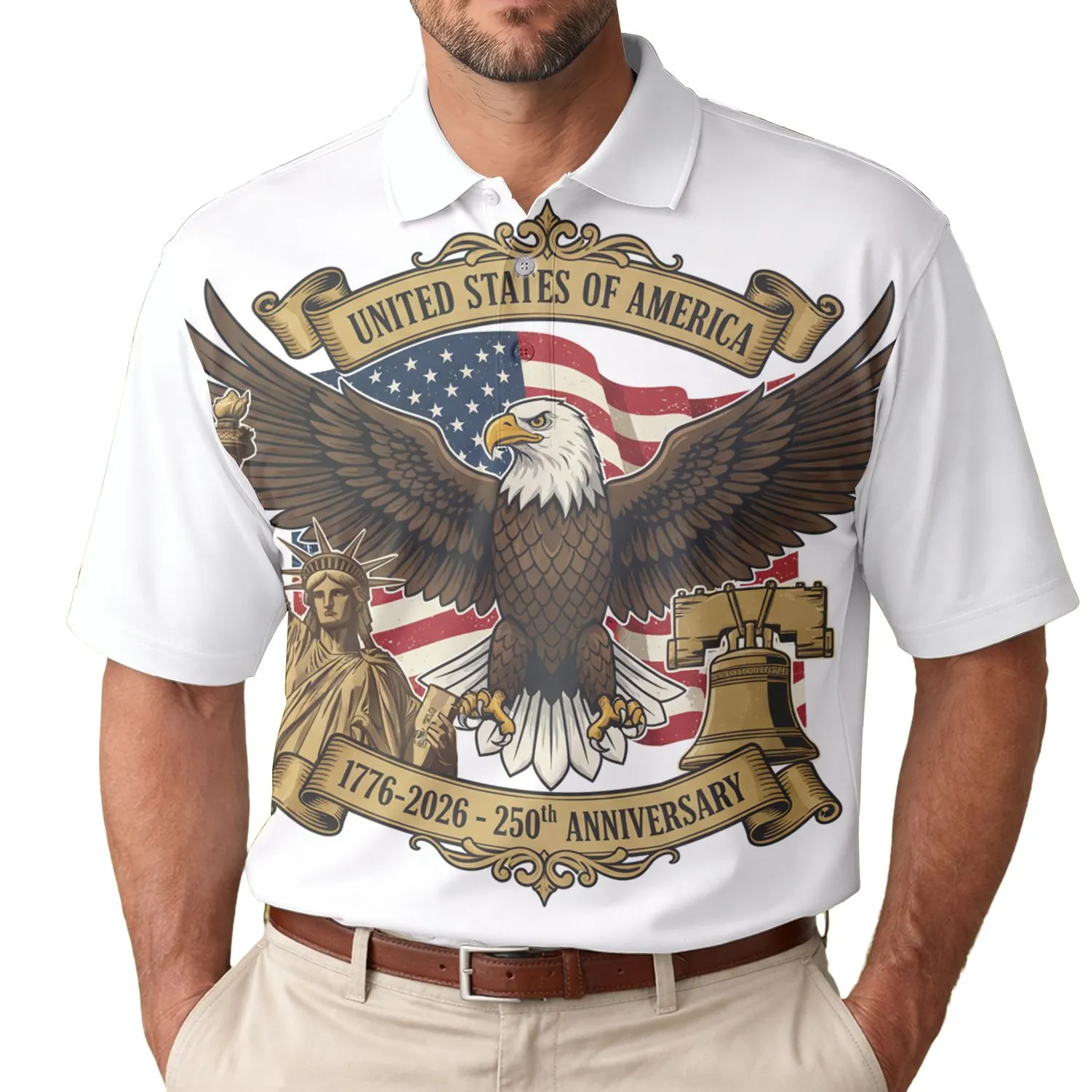 America 250th Anniversary Eagle Flag Statue Liberty Bell Design Men's Polo Shirt (Lightweight) - 1