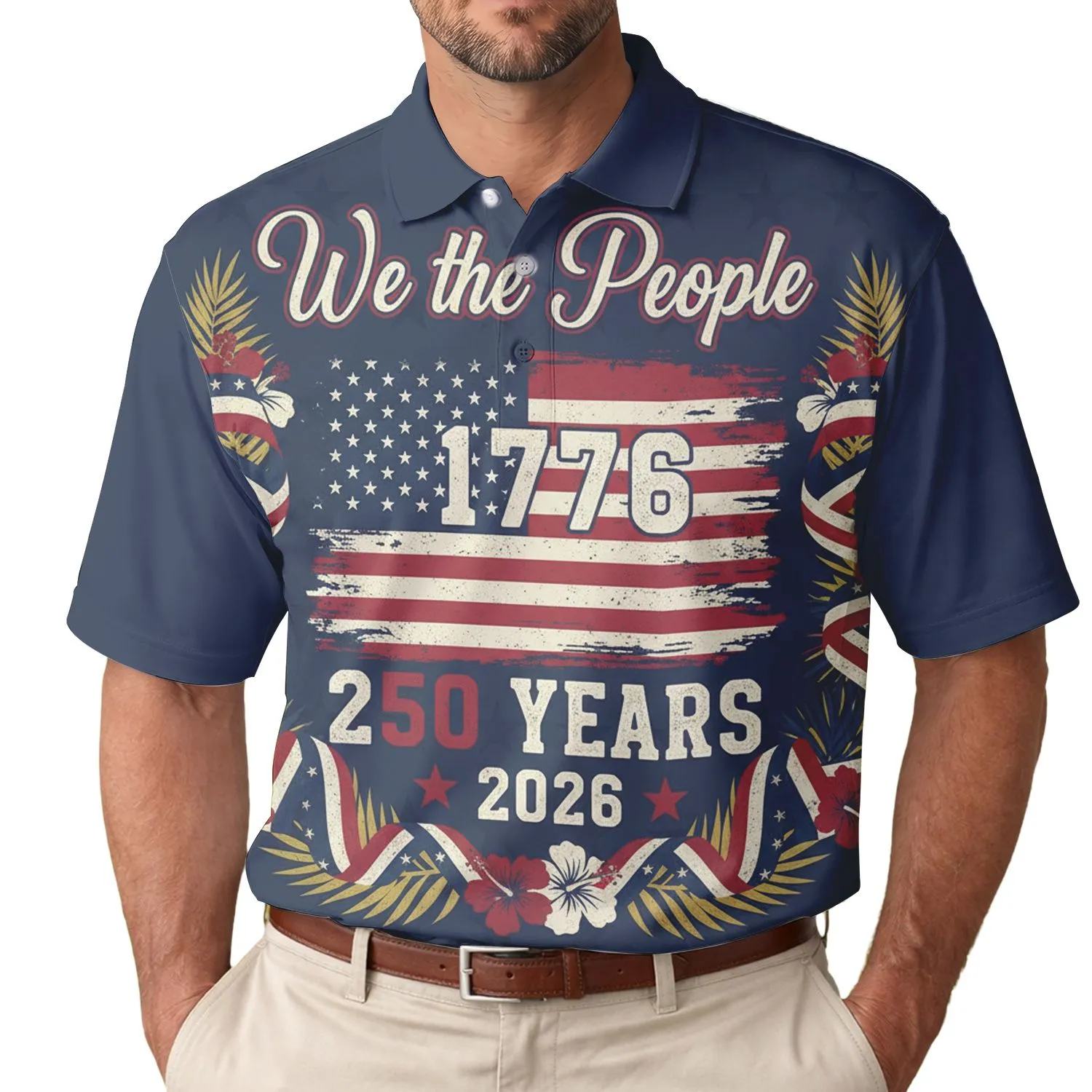 Patriotic 250th Anniversary 1776 'We the People' Flag Hibiscus Design Men's Polo Shirt (Lightweight) - 1