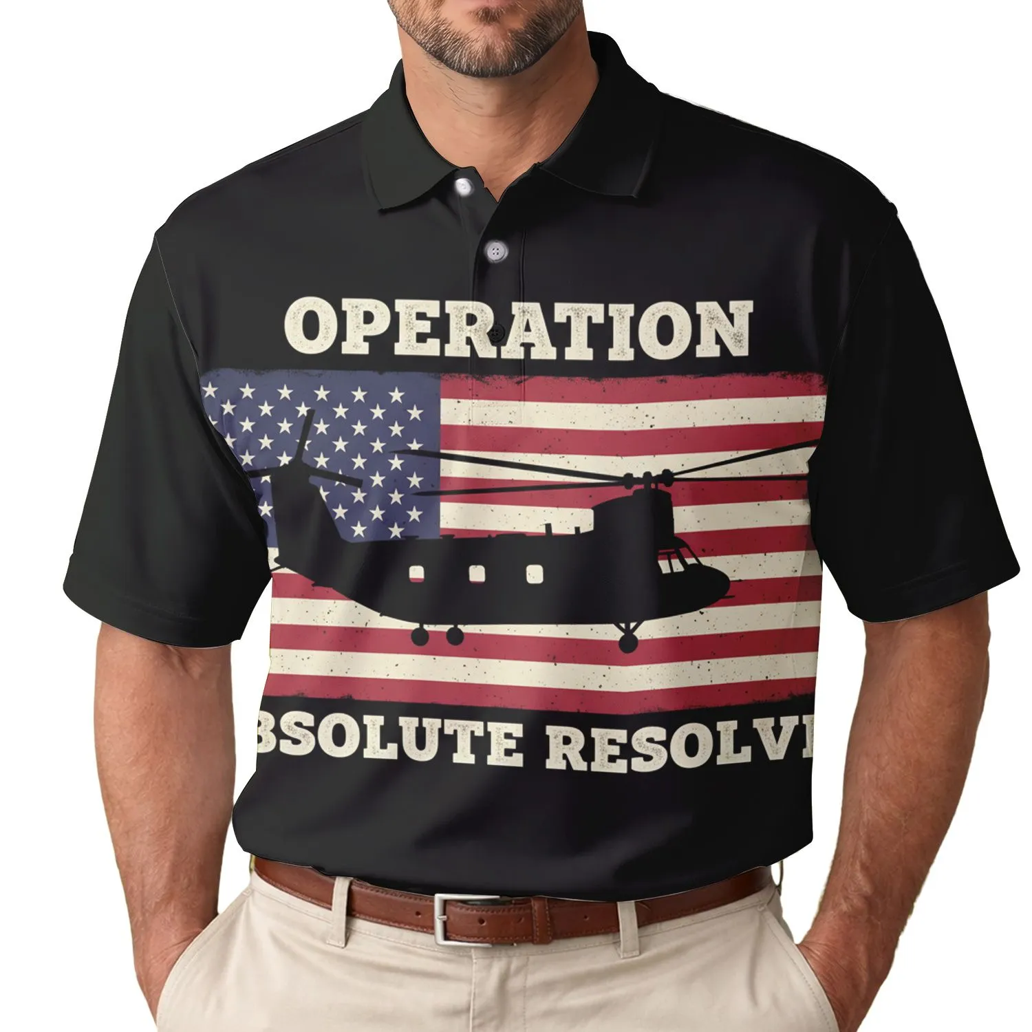 America 250th: Polo Patriotic Distressed Flag Operation Absolute Resolve Men's Polo Shirt (Lightweight) - 1