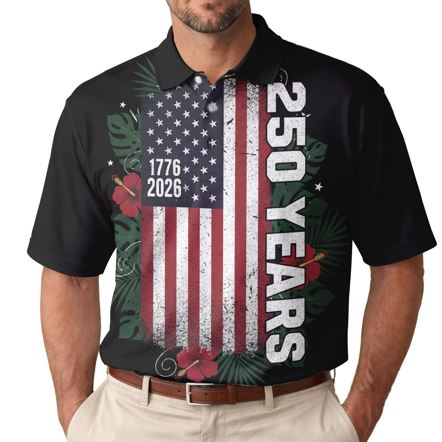 America's 250th Birthday: Distressed US Flag 1776-2026 Tropical Hibiscus Design Men's Polo Shirt (Lightweight) - 1
