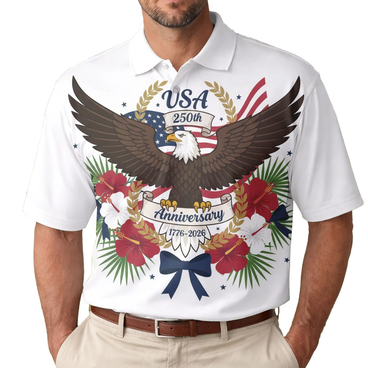 USA 250th Anniversary Bald Eagle Hibiscus 1776-2026 Flag Stripes Crimson Navy Men's Polo Shirt (Lightweight) - 1