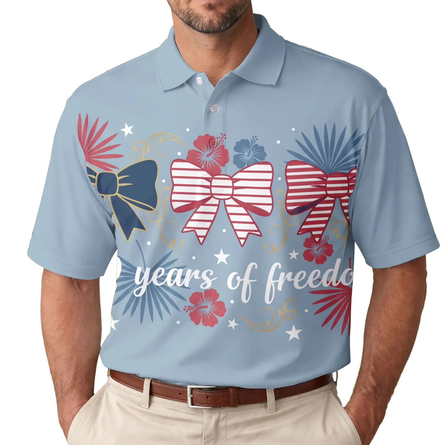 USA 250th Birthday: Patriotic Bows, Tropical Palm Fronds, Stars & '250 Years Freedom' Men's Polo Shirt (Lightweight) - 1