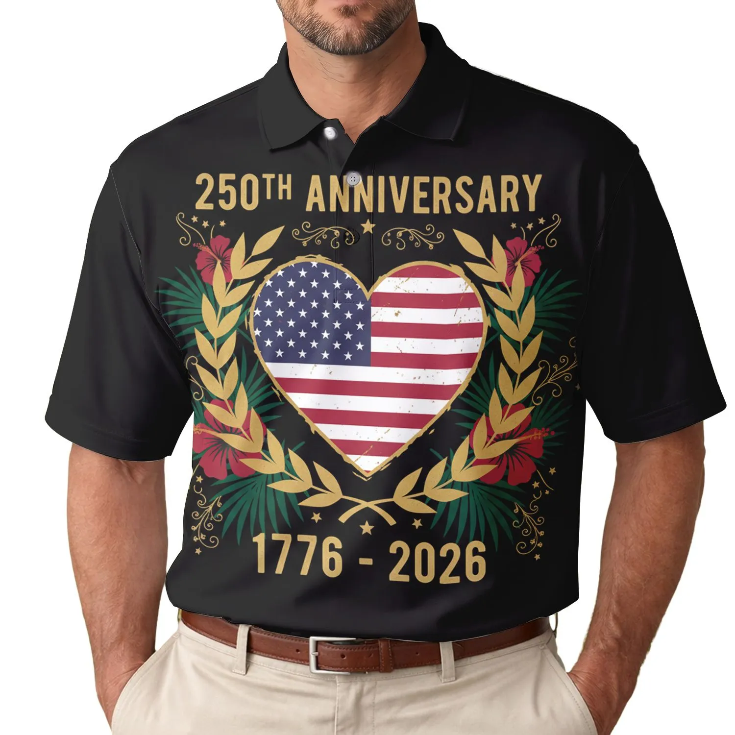 America 250th Birthday Patriotic Flag Heart Gold Laurel Fronds 1776-2026 Graphic Men's Polo Shirt (Lightweight) - 1