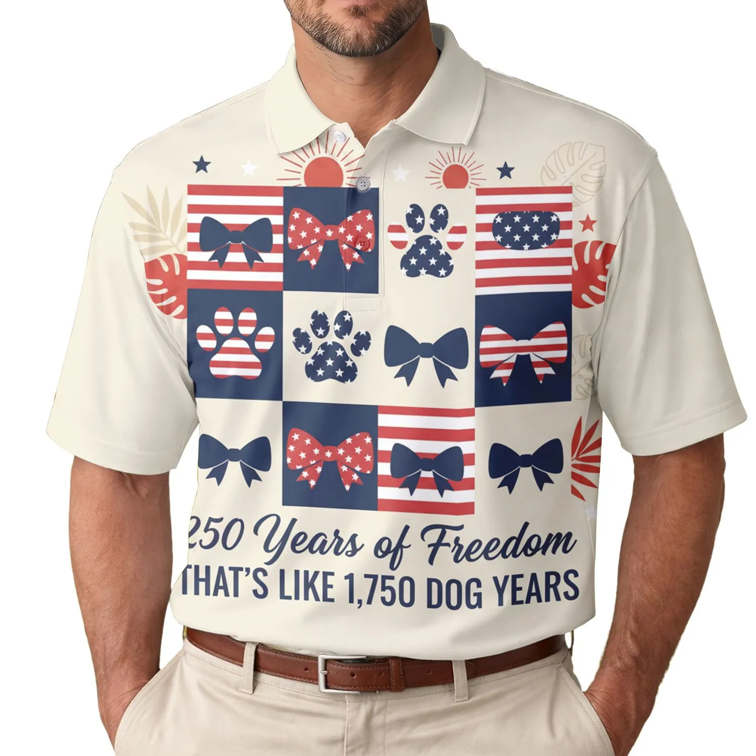 America 250th Freedom 1776: Patriotic Paw Grid Bows Dog Years Anniversary Men's Polo Shirt (Lightweight) - 1