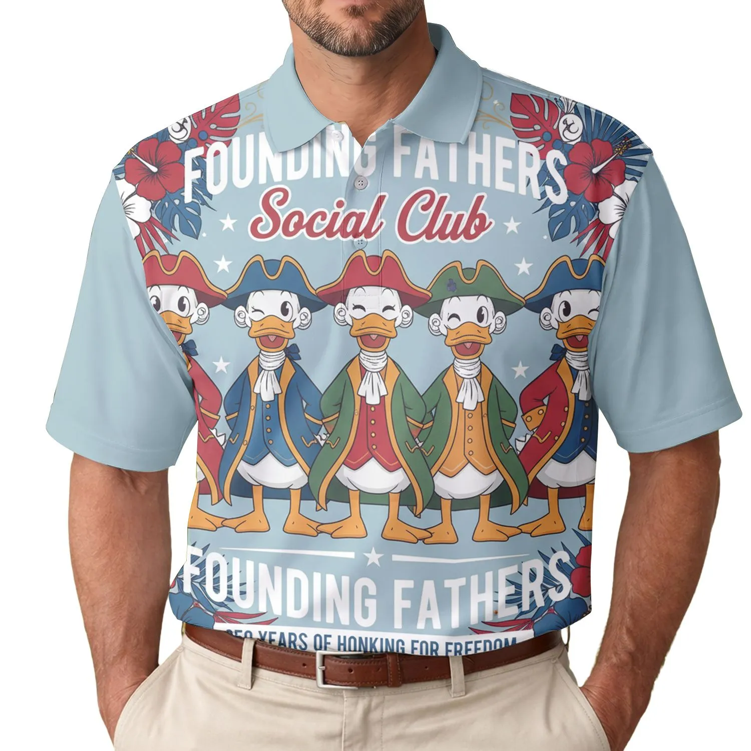 America 250th Anniversary Founding Fathers Ducks Colonial Aloha 1776 Freedom Design Men's Polo Shirt (Lightweight) - 1