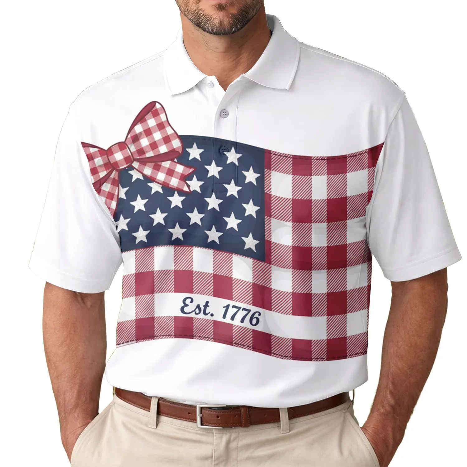America 250th Anniversary Patriotic Flag Quilted Gingham Bow Design Est. 1776 Men's Polo Shirt (Lightweight) - 1
