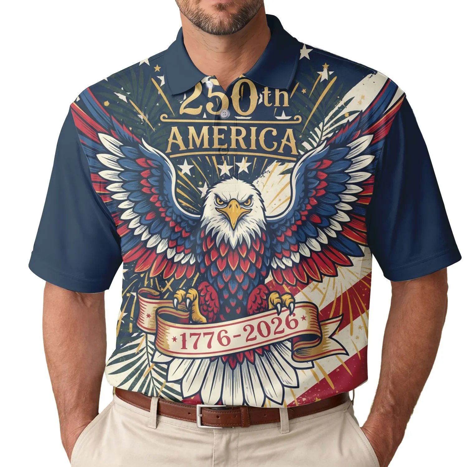 USA 250th Bald Eagle Outstretched Wings 1776 American Flag Gold Blue Red Heritage Men's Polo Shirt (Lightweight) - 1