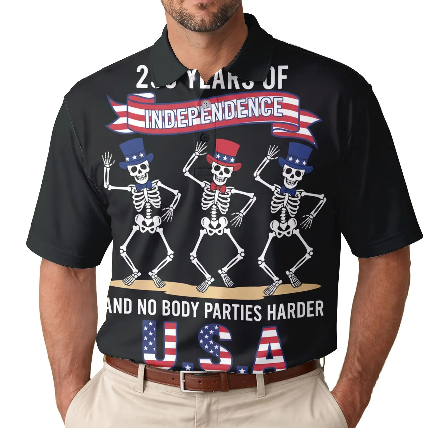America 250th Independence: Patriotic Skeletons Dancing Red Blue Top Hat Polo Men's Polo Shirt (Lightweight) - 1