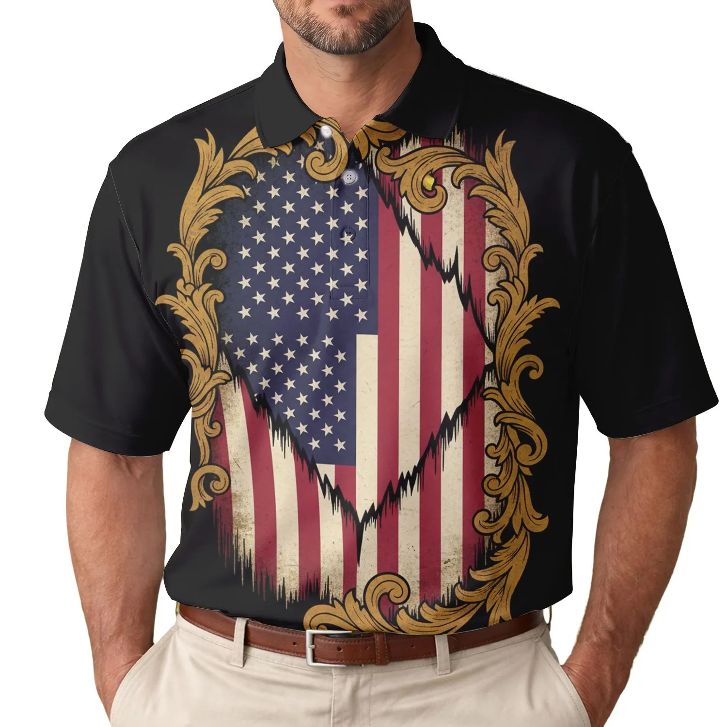 America 250th Patriotic Torn Flag Design Polo Gold Scrollwork Men's Polo Shirt (Lightweight) - 1