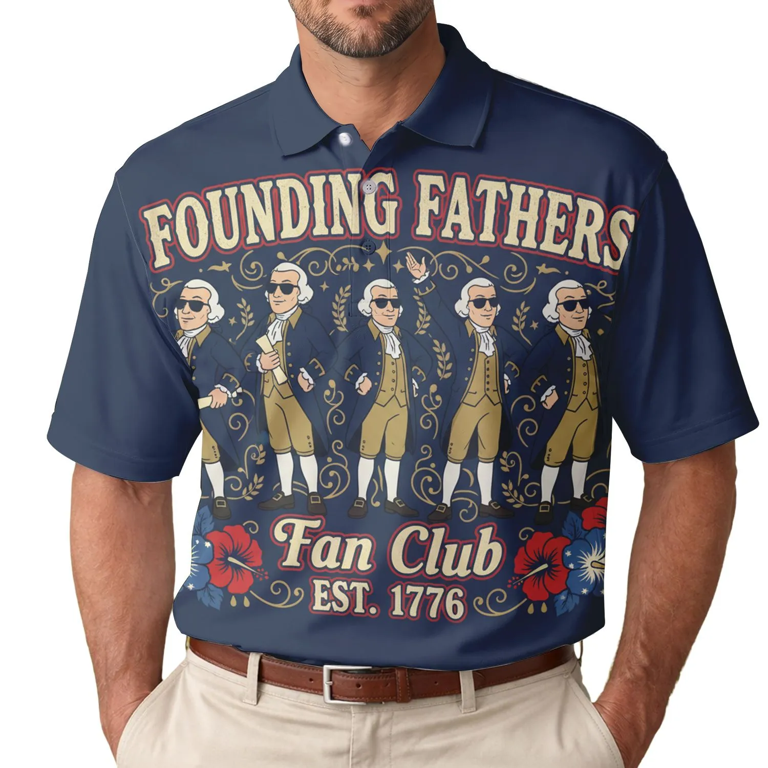 USA 250th Birthday Founding Fathers Fan Club Polo Tropical Patriotic Hibiscus Men's Polo Shirt (Lightweight) - 1