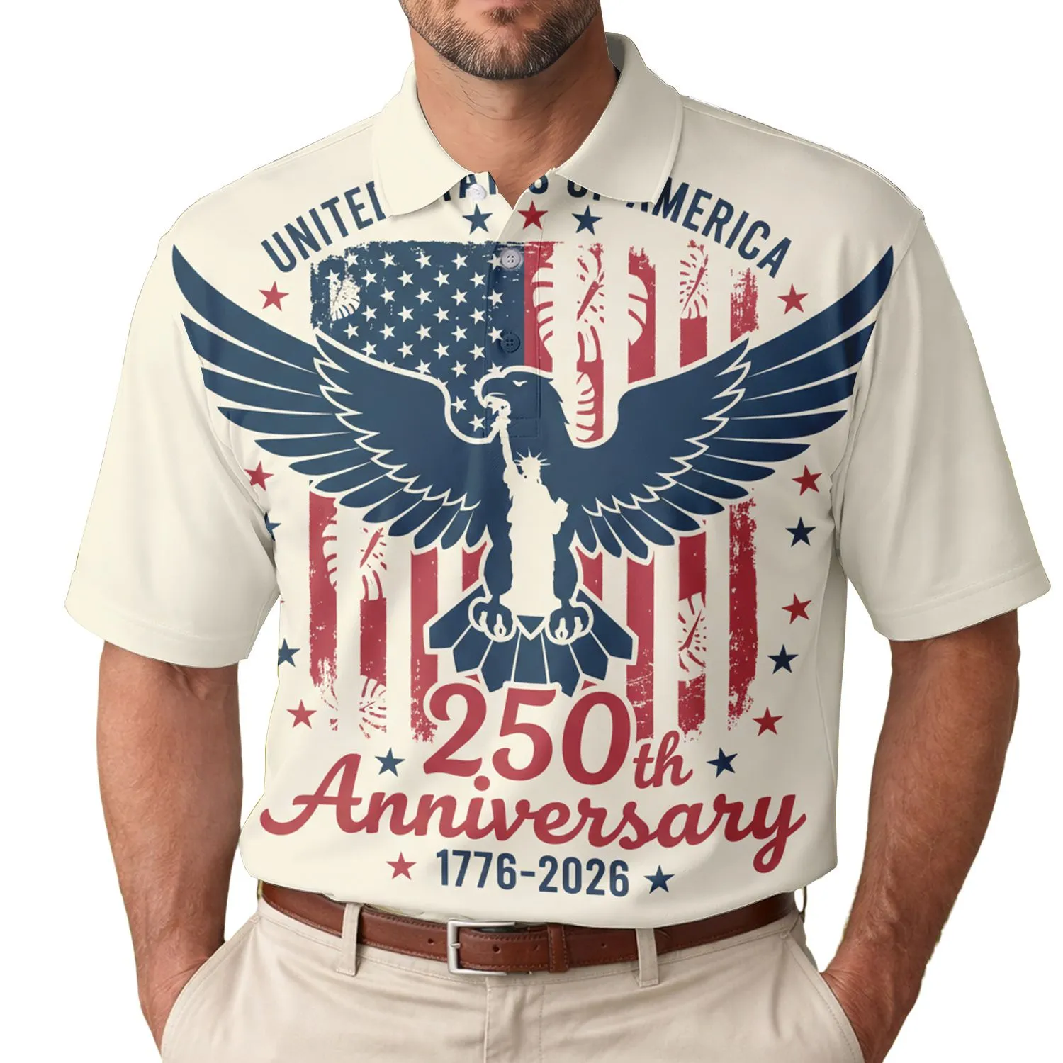 America 250th Anniversary: Patriotic Flag, Eagle, Lady Liberty Torch 1776-2026 Men's Polo Shirt (Lightweight) - 1
