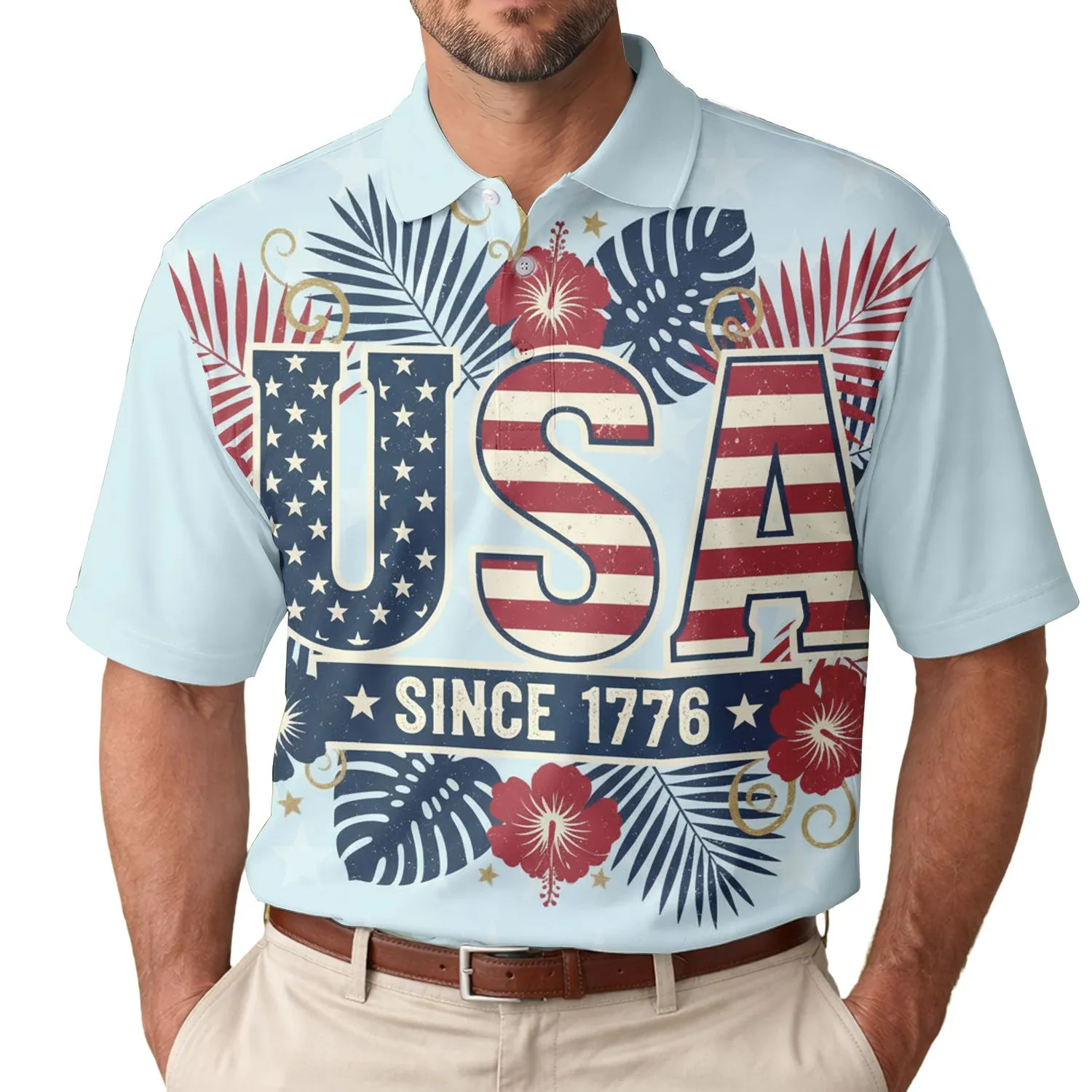 Patriotic Polo USA 250th Est. 1776: Distressed Flag, Tropical Blooms Men's Polo Shirt (Lightweight) - 1