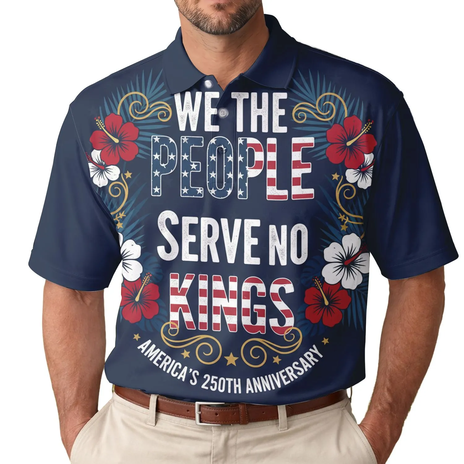 America 250th We The People Serve No Kings Flag Hibiscus Star Navy Gold Design Men's Polo Shirt (Lightweight) - 1