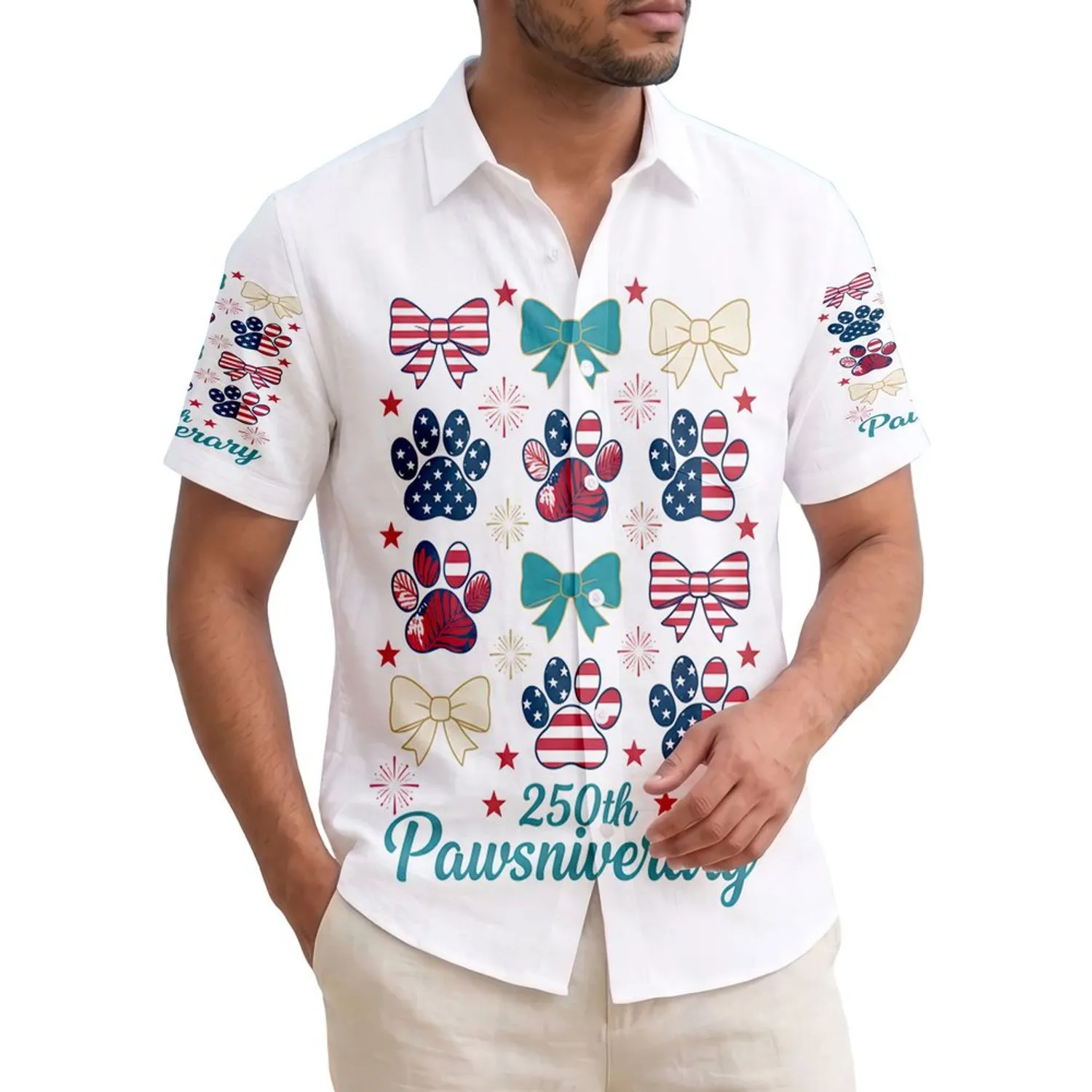 America 250th Pawsniversary: Patriotic Red Blue Bow & Star Paw Print Design Short-sleeve Hawaiian Shirt - 1