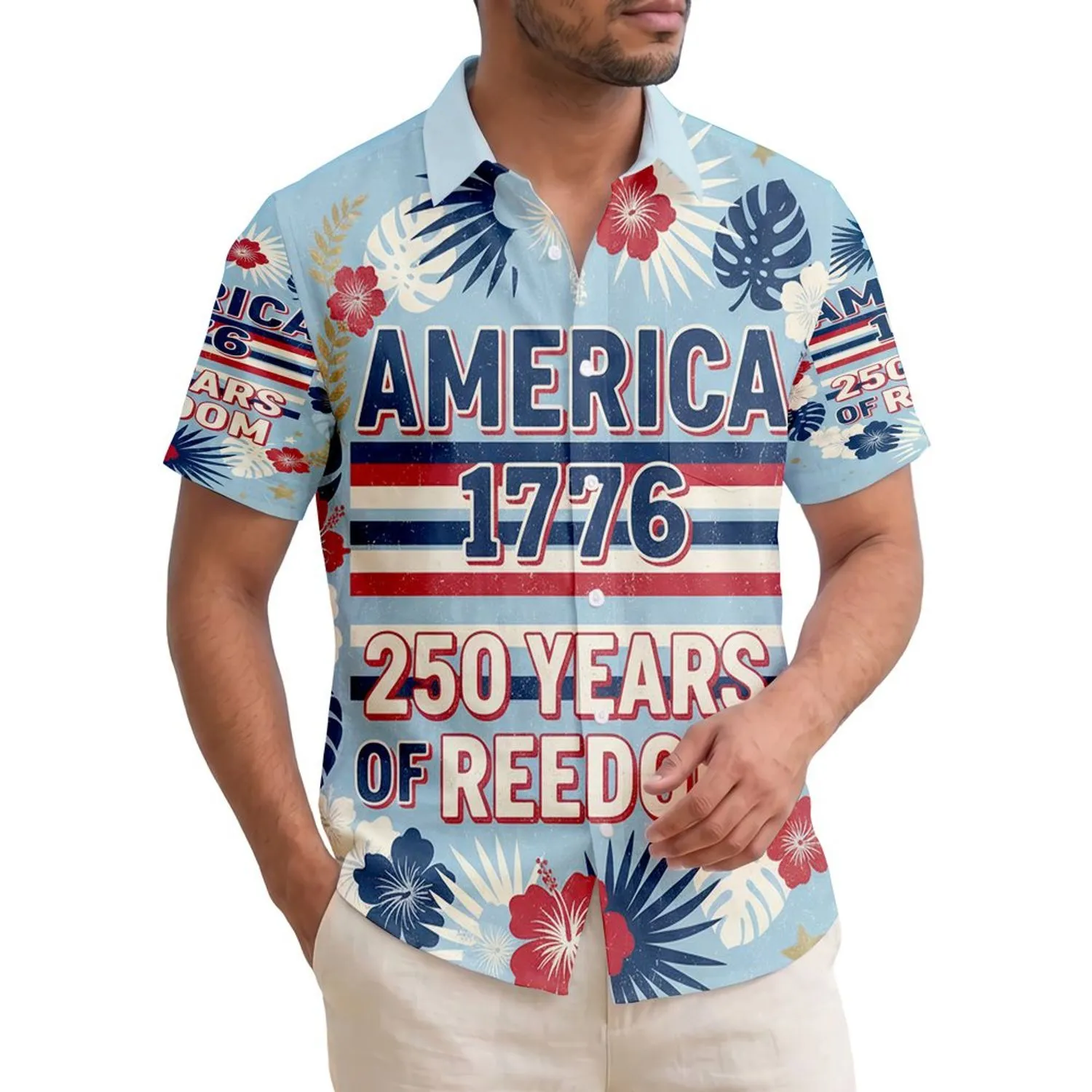 America 250th Anniversary 1776 Patriotic Hawaiian Distressed Stripes Hibiscus Laurel Short-sleeve Hawaiian Shirt - 1