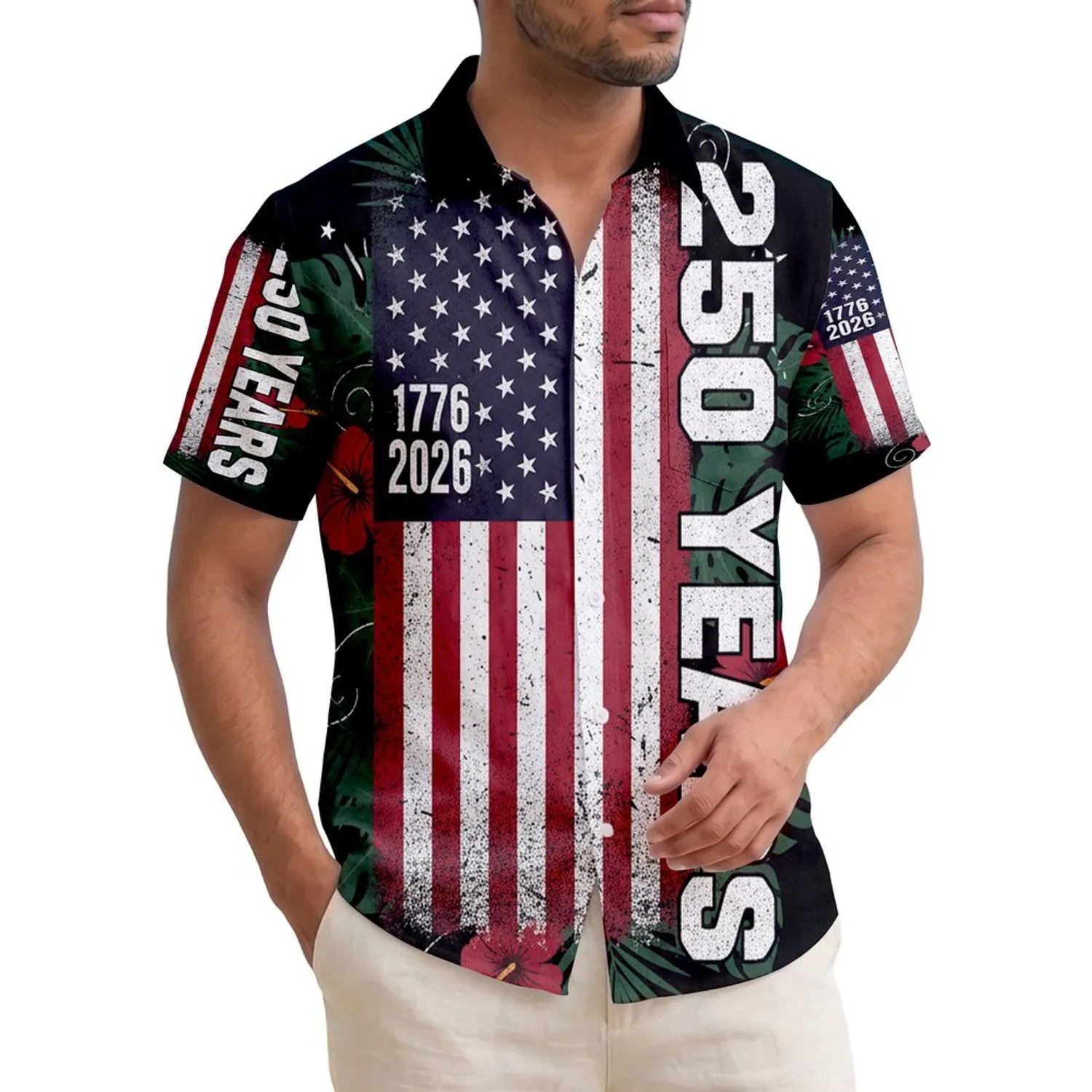 America's 250th Birthday: Distressed US Flag 1776-2026 Tropical Hibiscus Design Short-sleeve Hawaiian Shirt - 1