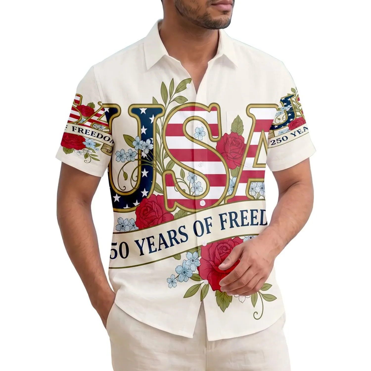 America 250th Birthday USA Flag Letters Red Rose Tropical Scrollwork Ivory Design Short-sleeve Hawaiian Shirt - 1