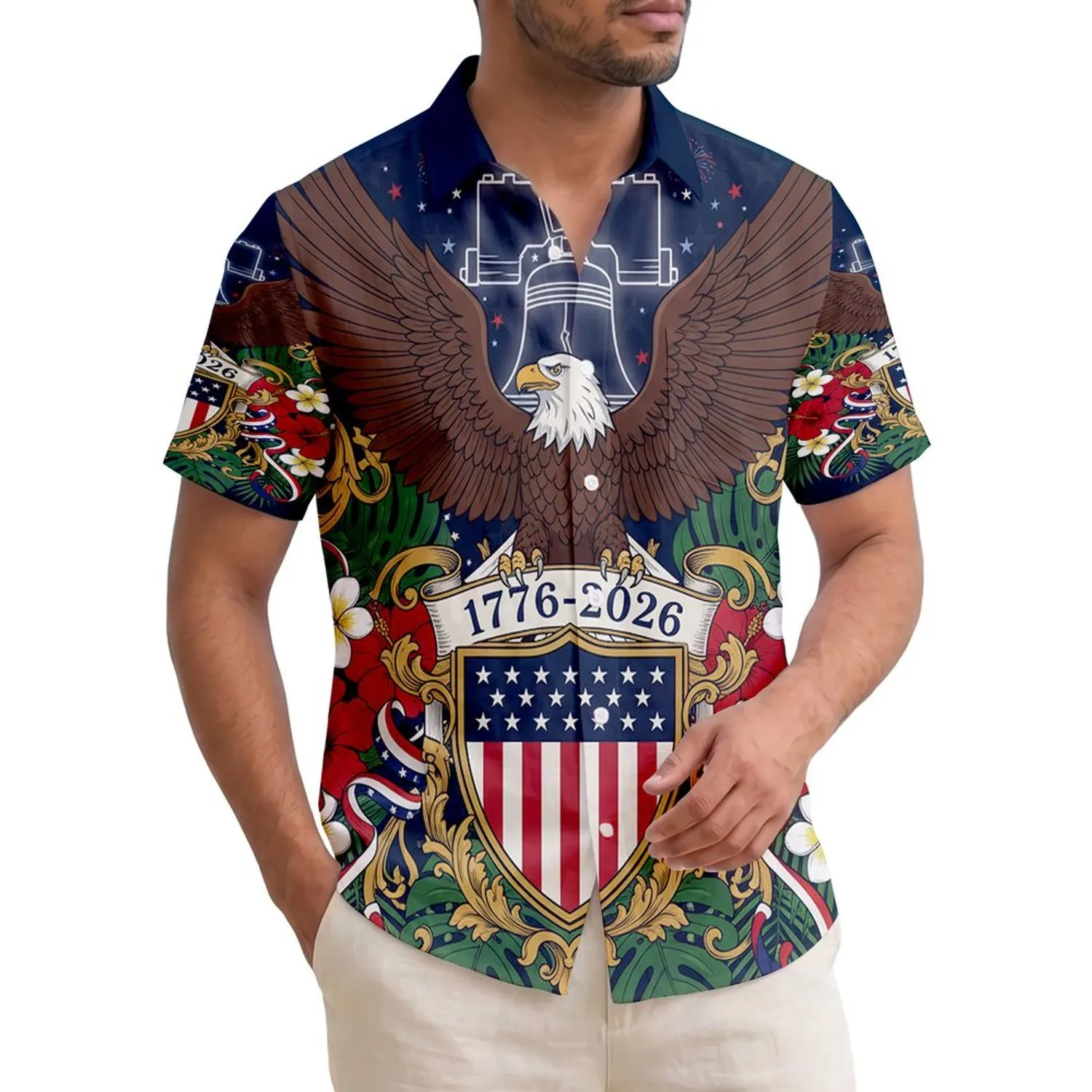 America 250th Anniversary Patriotic Eagle Stars Stripes Hibiscus Plumeria Design 1776 Short-sleeve Hawaiian Shirt - 1