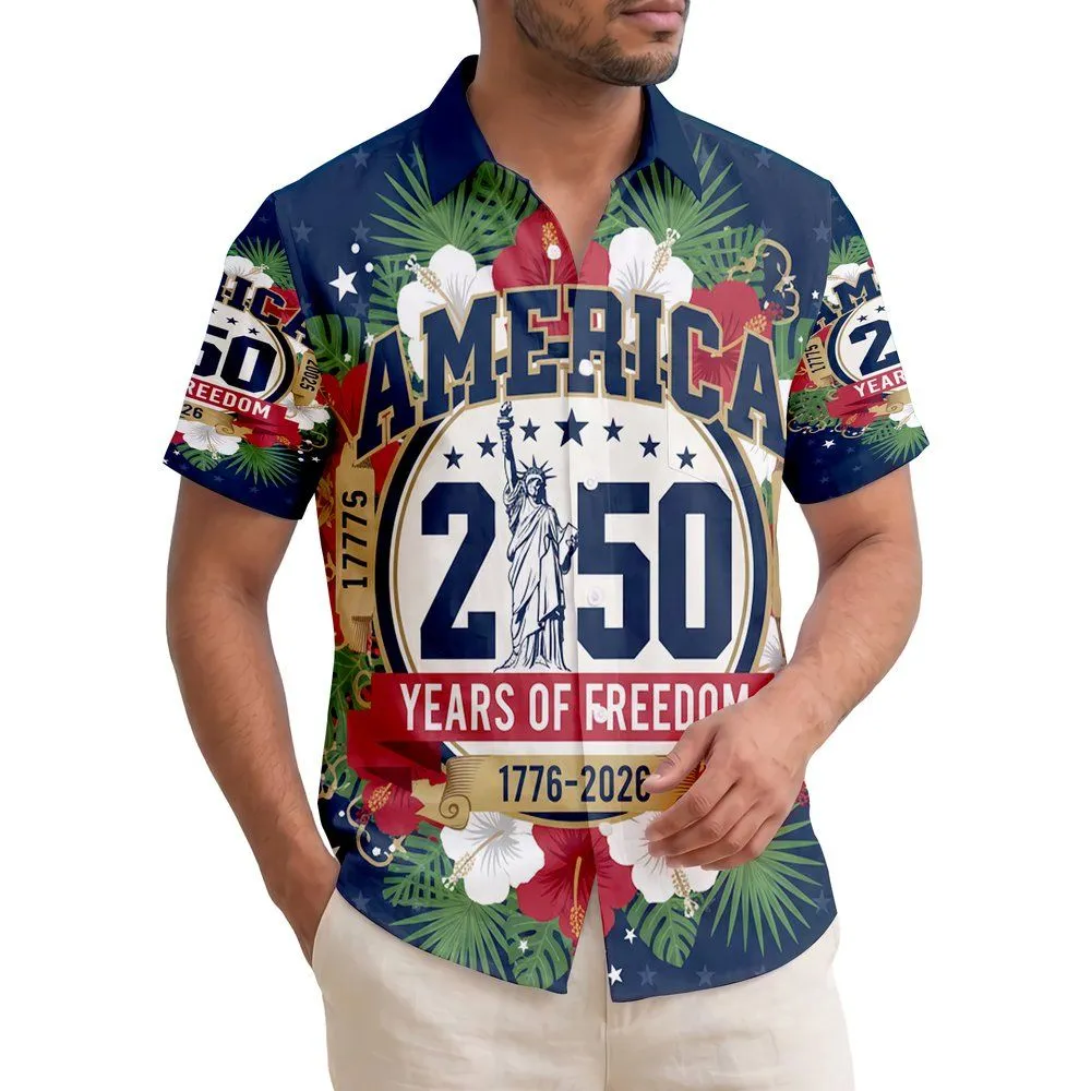 America 250th Liberty Statue Hawaiian Hibiscus Palm Stars Navy Red White Short-sleeve Hawaiian Shirt - 1
