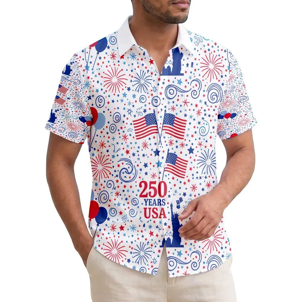 Patriotic America 250th Hawaiian Flag Statue Liberty Fireworks Balloons Star Dot Short-sleeve Hawaiian Shirt - 1