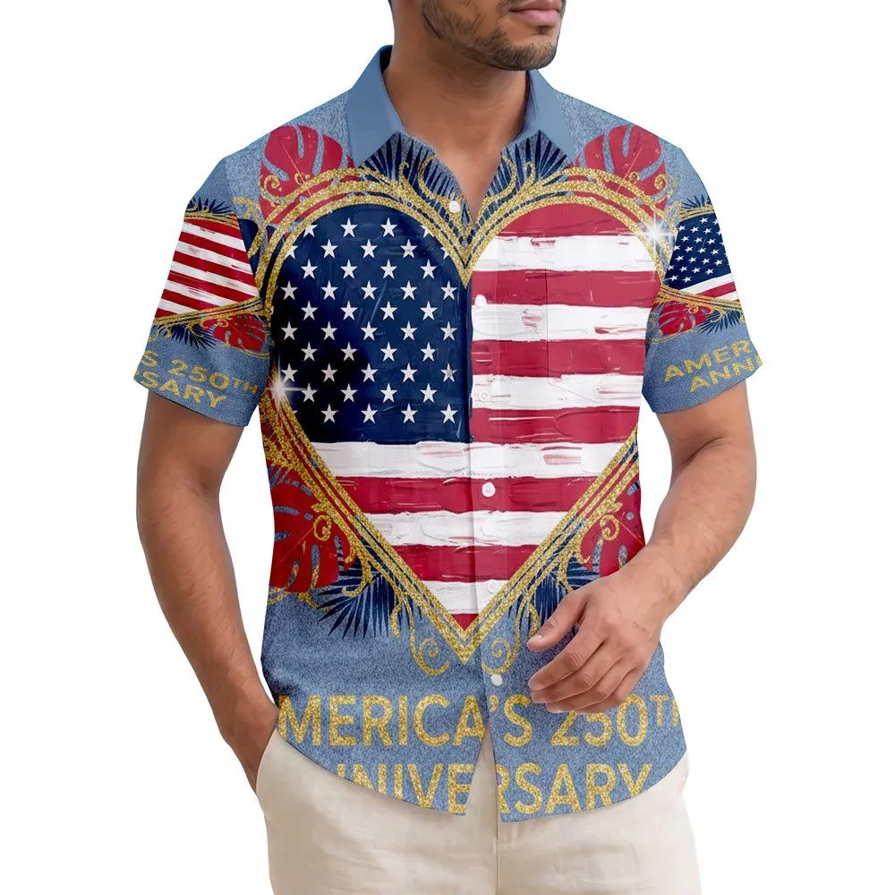 USA 250th Patriotic Heart Flag: Textured Gold Glitter Tropical Artwork Short-sleeve Hawaiian Shirt - 1