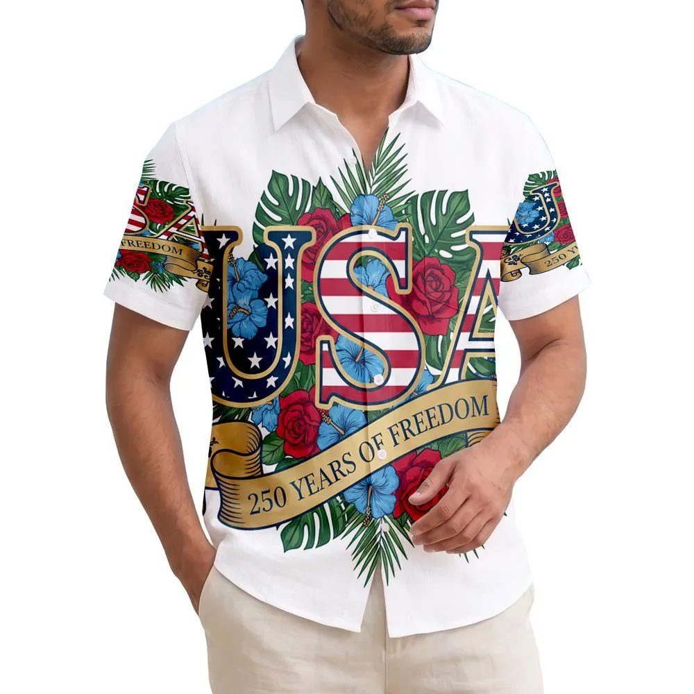 America 250th Anniversary USA Stars Stripes Floral Freedom Banner Graphic Short-sleeve Hawaiian Shirt - 1