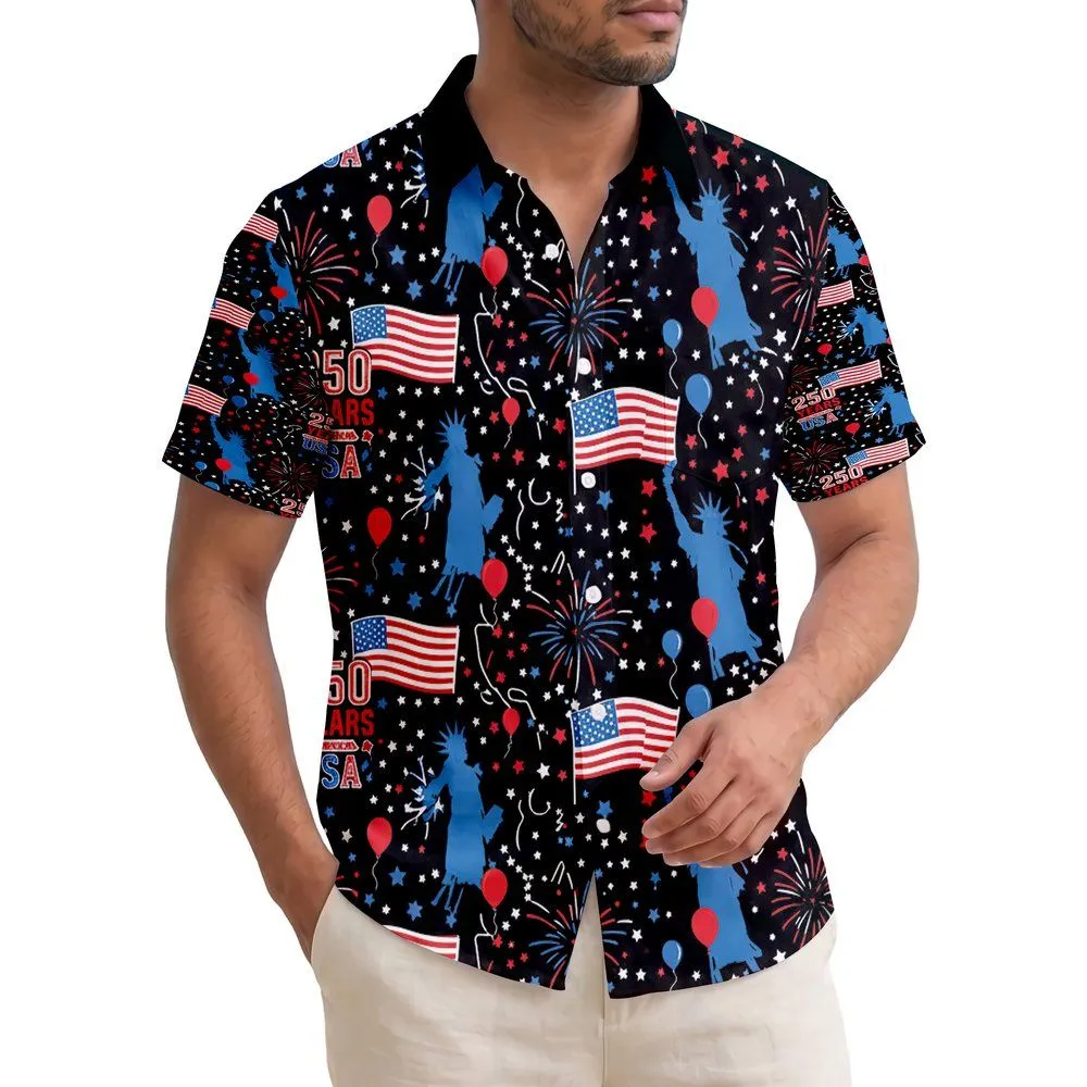 America 250th Anniversary: Patriotic Flag Statue Liberty Fireworks 250 Years USA Short-sleeve Hawaiian Shirt - 1