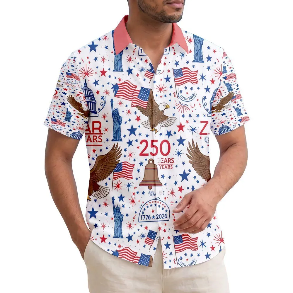 America 250th Anniversary Hawaiian Eagle Flag Liberty Bell Capitol Design Short-sleeve Hawaiian Shirt - 1