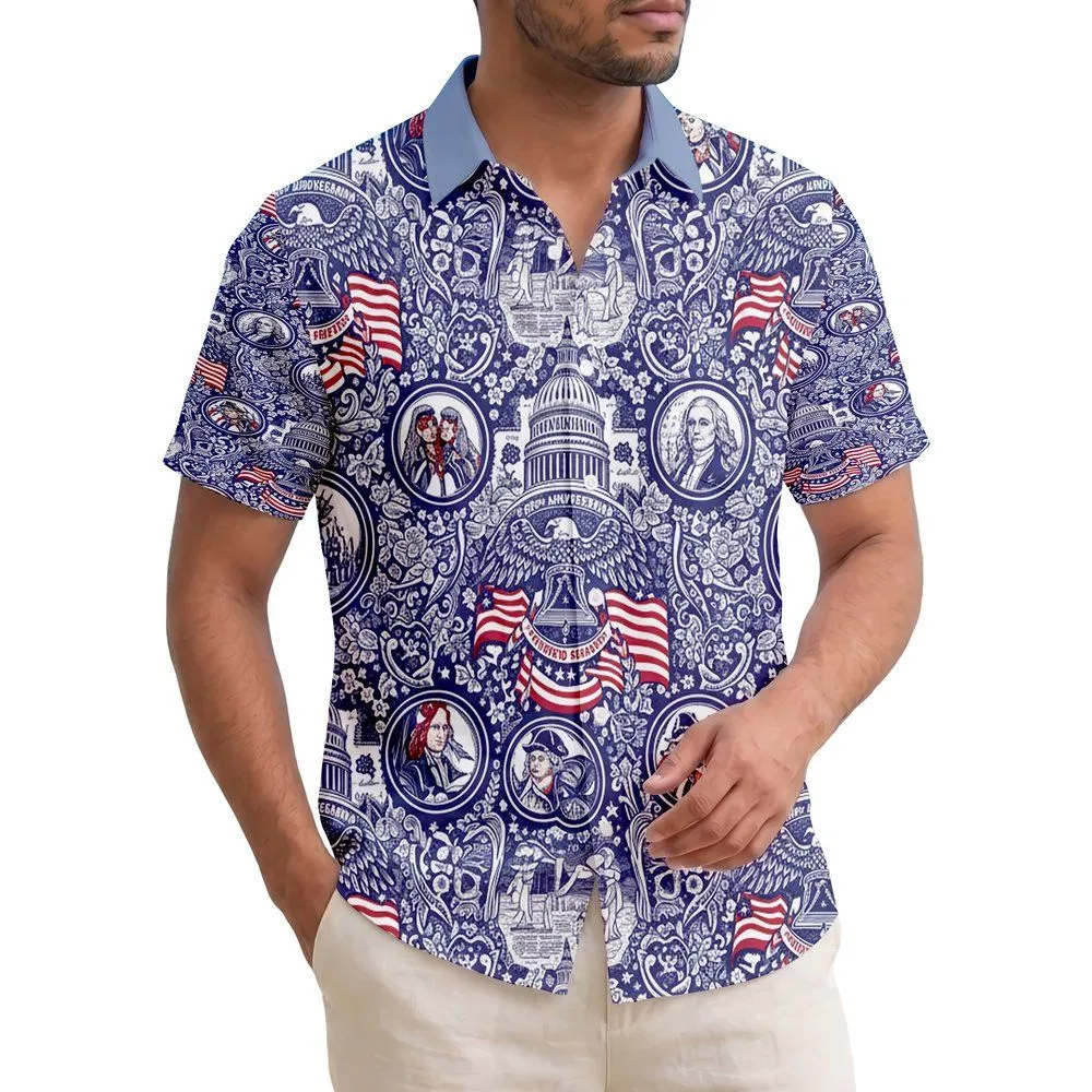 USA 250th Anniversary Patriotic Hawaiian | Eagles, Flags, Founding Fathers, Capitol Toile Navy White Short-sleeve Hawaiian Shirt - 1