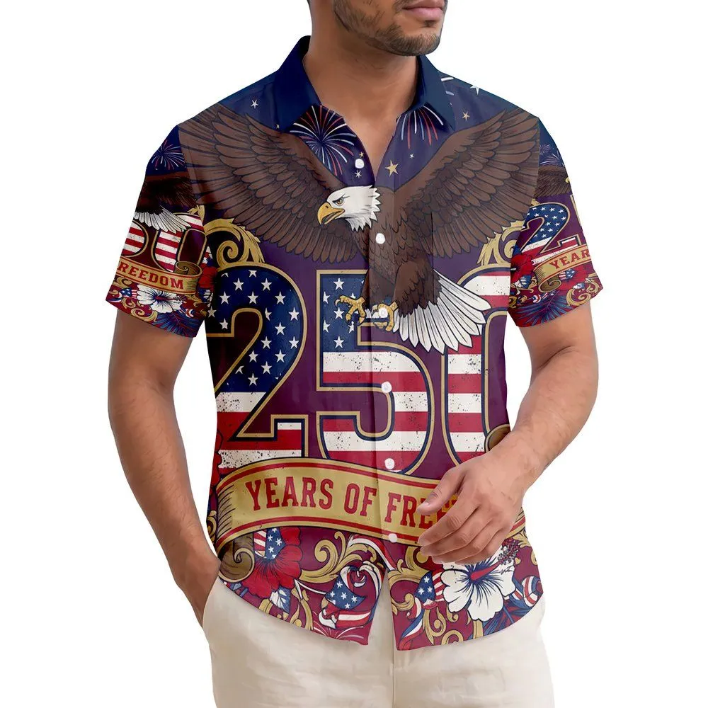 America 250th Anniversary Eagle Flag RWB Hibiscus Freedom Banner Est 1776 Short-sleeve Hawaiian Shirt - 1