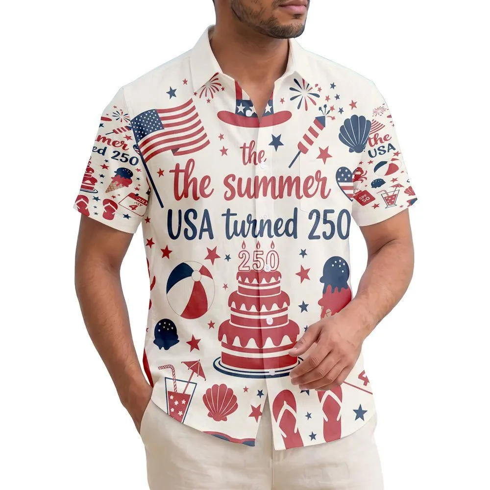 America 250th Birthday Flag Heart Cake Tropical Icons July 1776 Commemorative Short-sleeve Hawaiian Shirt - 1
