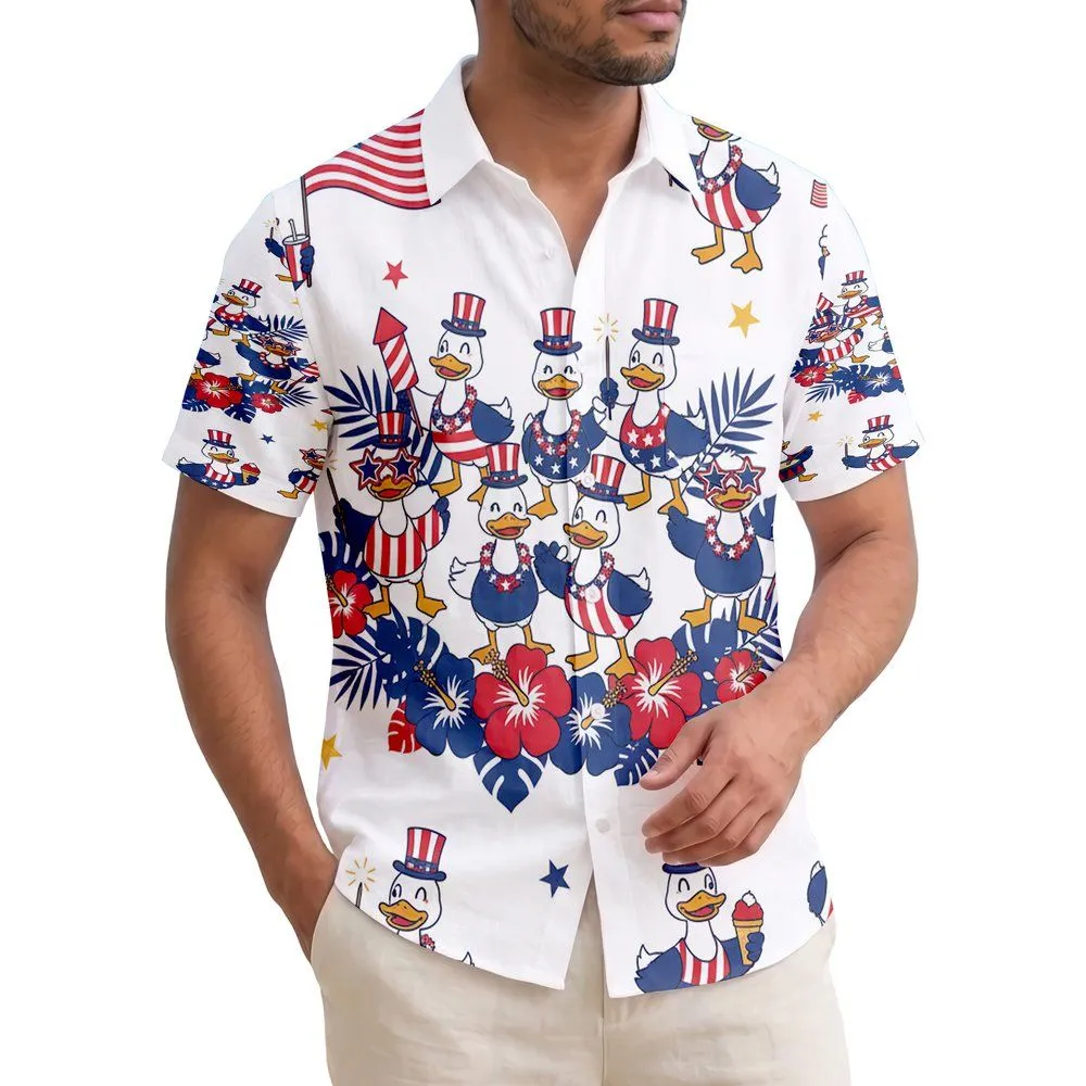 America 250th Patriotic Ducks: Nine Hawaiian July 4th Stars Stripes Motif Short-sleeve Hawaiian Shirt - 1
