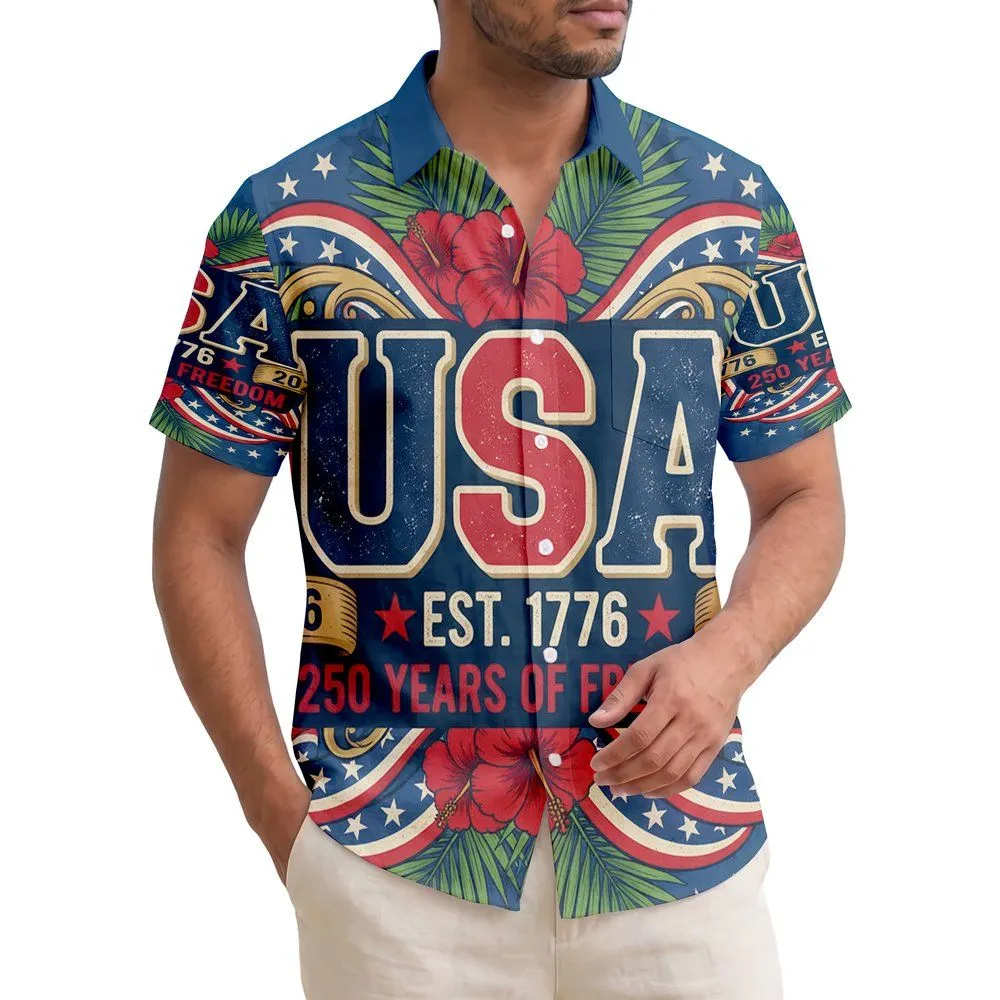 USA 250th Anniversary 1776 Freedom Tropical Americana Star Spangled Scrollwork Short-sleeve Hawaiian Shirt - 1