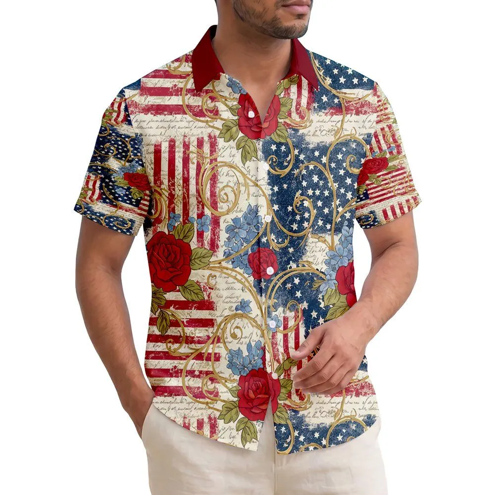 America 250th Patriotic Hawaiian Distressed Flag Rose Blue Floral Short-sleeve Hawaiian Shirt - 1