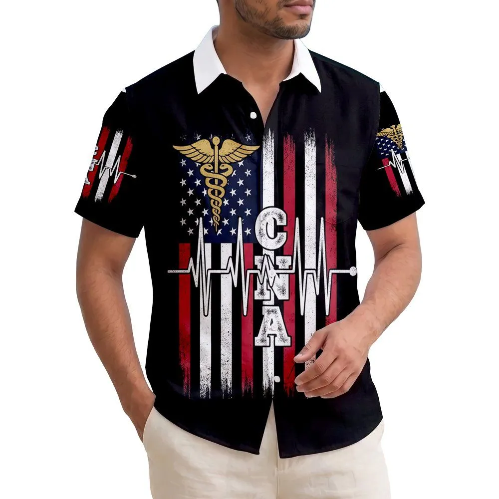 America 250th Caduceus Flag: CNA Heartbeat, Distressed Patriotic Americana Symbol Short-sleeve Hawaiian Shirt - 1