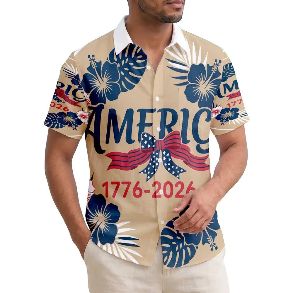 America 250th 1776-2026: Blue Script Red Stripe Star Ribbon Bow Patriotic Short-sleeve Hawaiian Shirt - 1