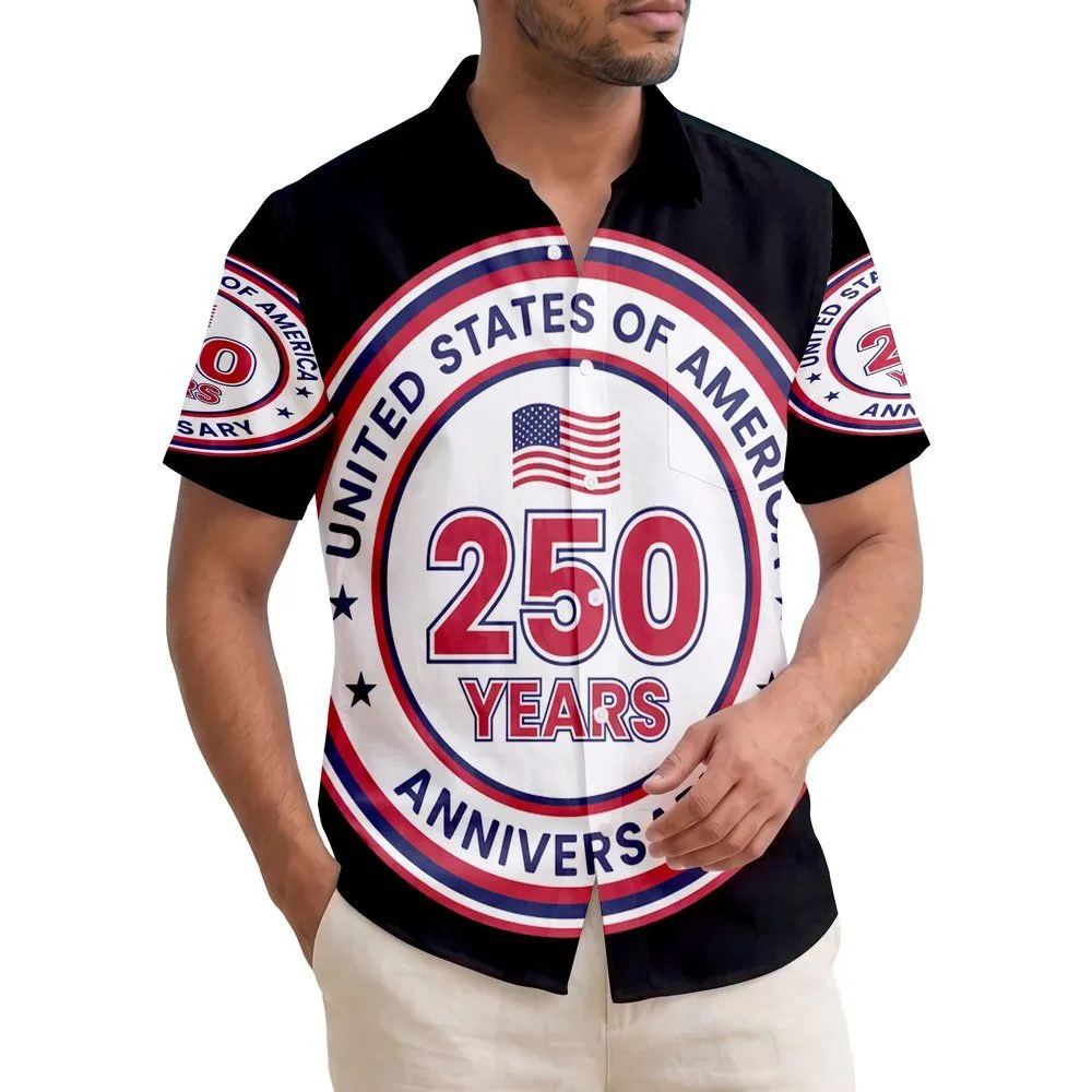 America 250th Anniversary Patriotic Circular Emblem | Waving Flag Red White Blue Black Short-sleeve Hawaiian Shirt - 1